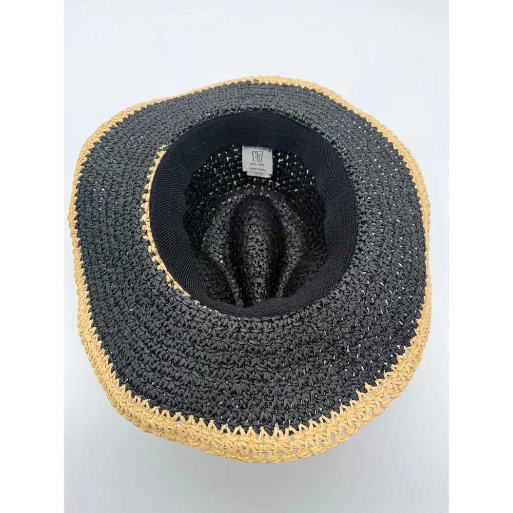 Something Special Black Straw Sun Hat Tan Trim Paper Fedora S/M Small Medium